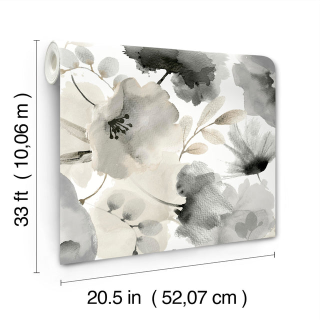 Watercolor Bouquet Charcoal Wallpaper with Watercolor Floral Motif - York BL1771
