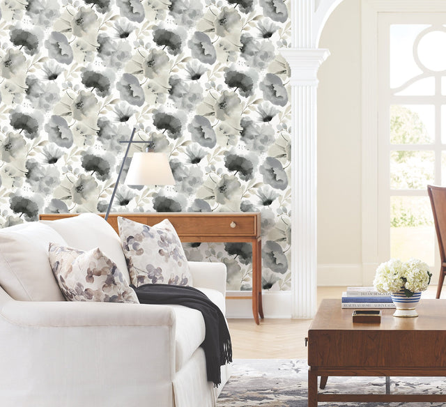 Watercolor Bouquet Charcoal Wallpaper with Watercolor Floral Motif - York BL1771
