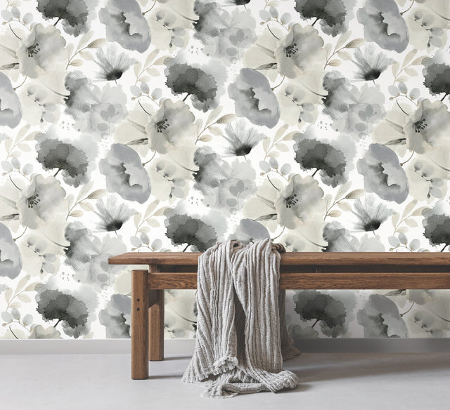 Watercolor Bouquet Charcoal Wallpaper with Watercolor Floral Motif - York BL1771