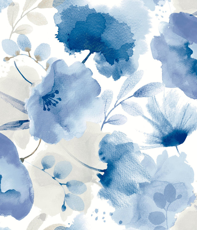 Watercolor Bouquet Cobalt Wallpaper with Watercolor Floral Motif - York BL1773