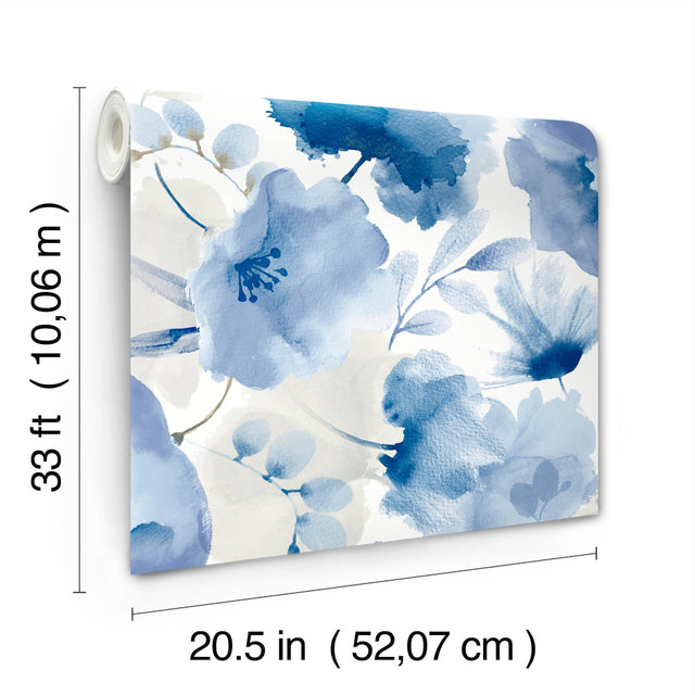 Watercolor Bouquet Cobalt Wallpaper with Watercolor Floral Motif - York BL1773