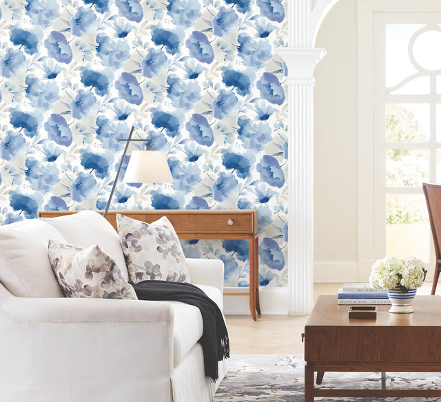 Watercolor Bouquet Cobalt Wallpaper with Watercolor Floral Motif - York BL1773