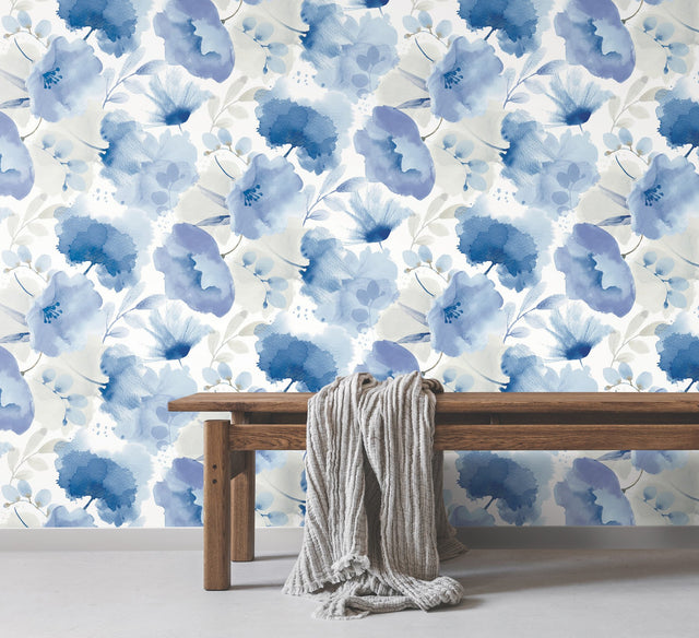 Watercolor Bouquet Cobalt Wallpaper with Watercolor Floral Motif - York BL1773