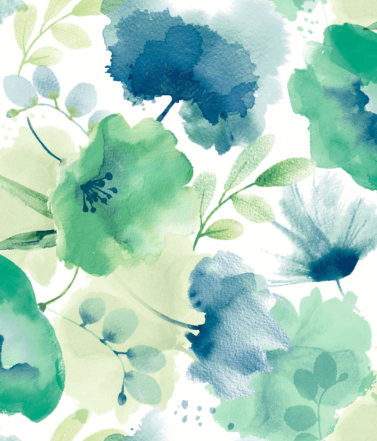 Watercolor Bouquet Blue & Green Wallpaper with Floral Watercolor Motif - York BL1774