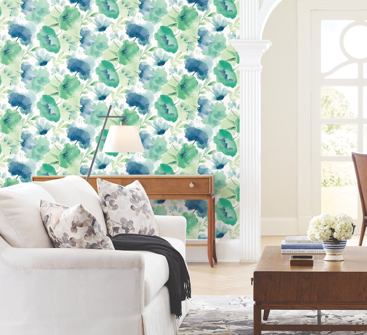Watercolor Bouquet Blue & Green Wallpaper with Floral Watercolor Motif - York BL1774