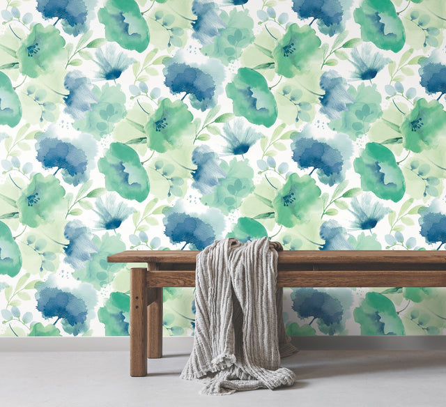 Watercolor Bouquet Blue & Green Wallpaper with Floral Watercolor Motif - York BL1774