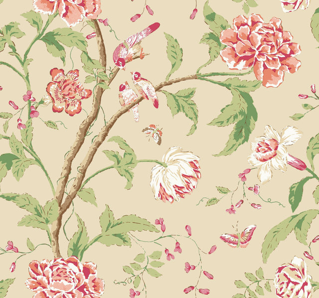 Teahouse Floral Cream & Coral Wallpaper with Birds and Blossoms - York BL1781