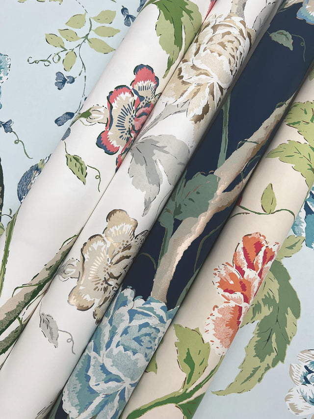 Teahouse Floral Cream & Coral Wallpaper with Birds and Blossoms - York BL1781