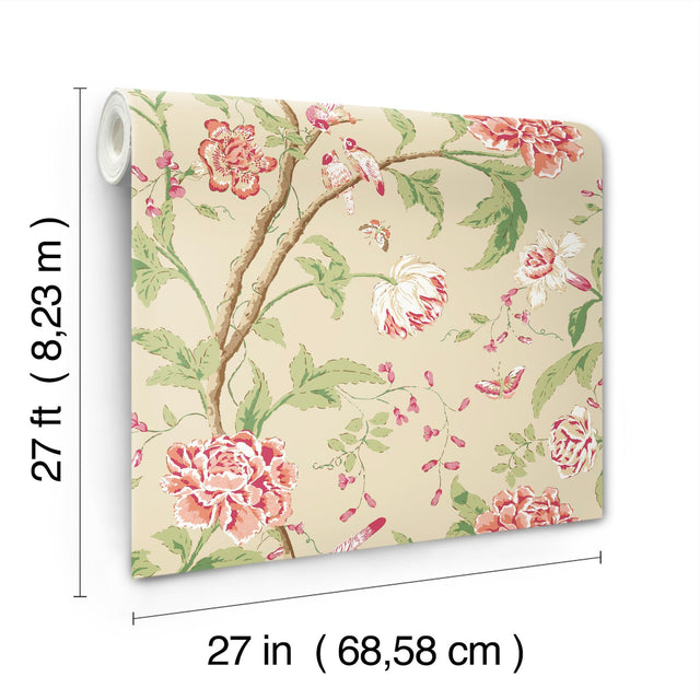 Teahouse Floral Cream & Coral Wallpaper with Birds and Blossoms - York BL1781