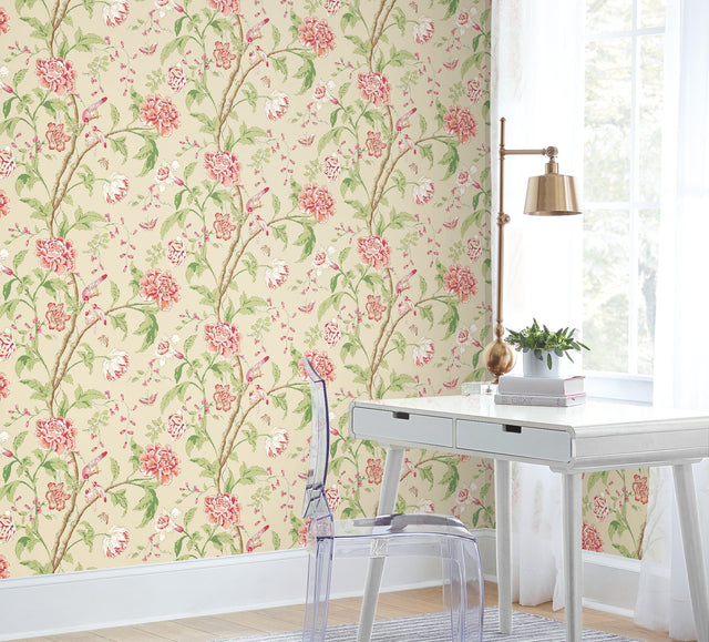 Teahouse Floral Cream & Coral Wallpaper with Birds and Blossoms - York BL1781