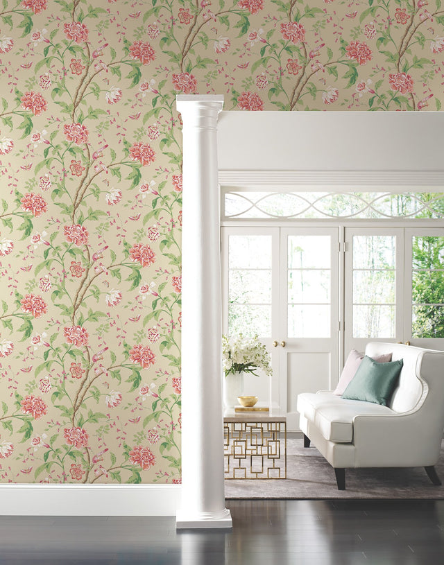 Teahouse Floral Cream & Coral Wallpaper with Birds and Blossoms - York BL1781