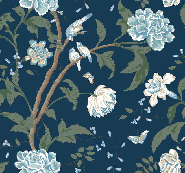 Teahouse Floral Navy Wallpaper with Birds and Butterflies Motif - York BL1782