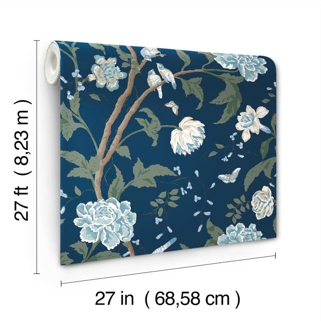 Teahouse Floral Navy Wallpaper with Birds and Butterflies Motif - York BL1782