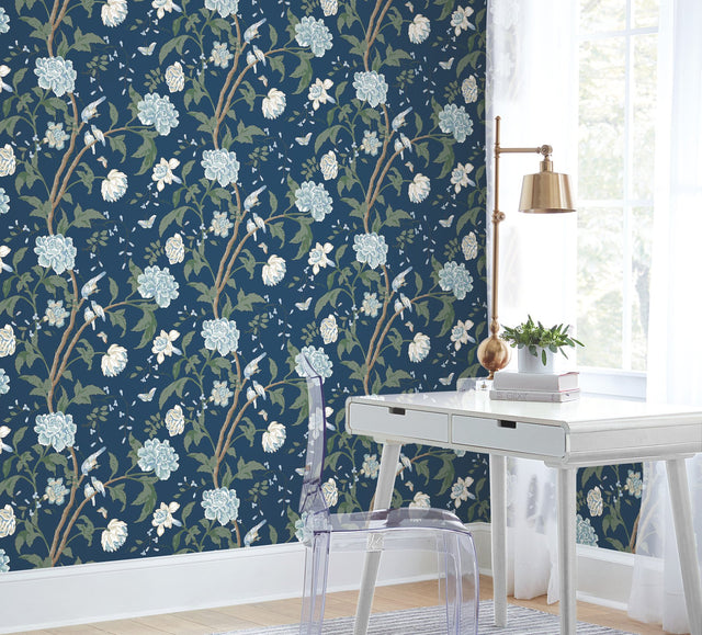 Teahouse Floral Navy Wallpaper with Birds and Butterflies Motif - York BL1782