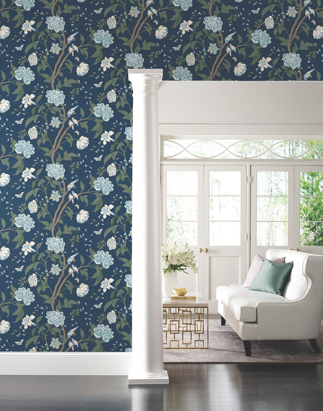 Teahouse Floral Navy Wallpaper with Birds and Butterflies Motif - York BL1782