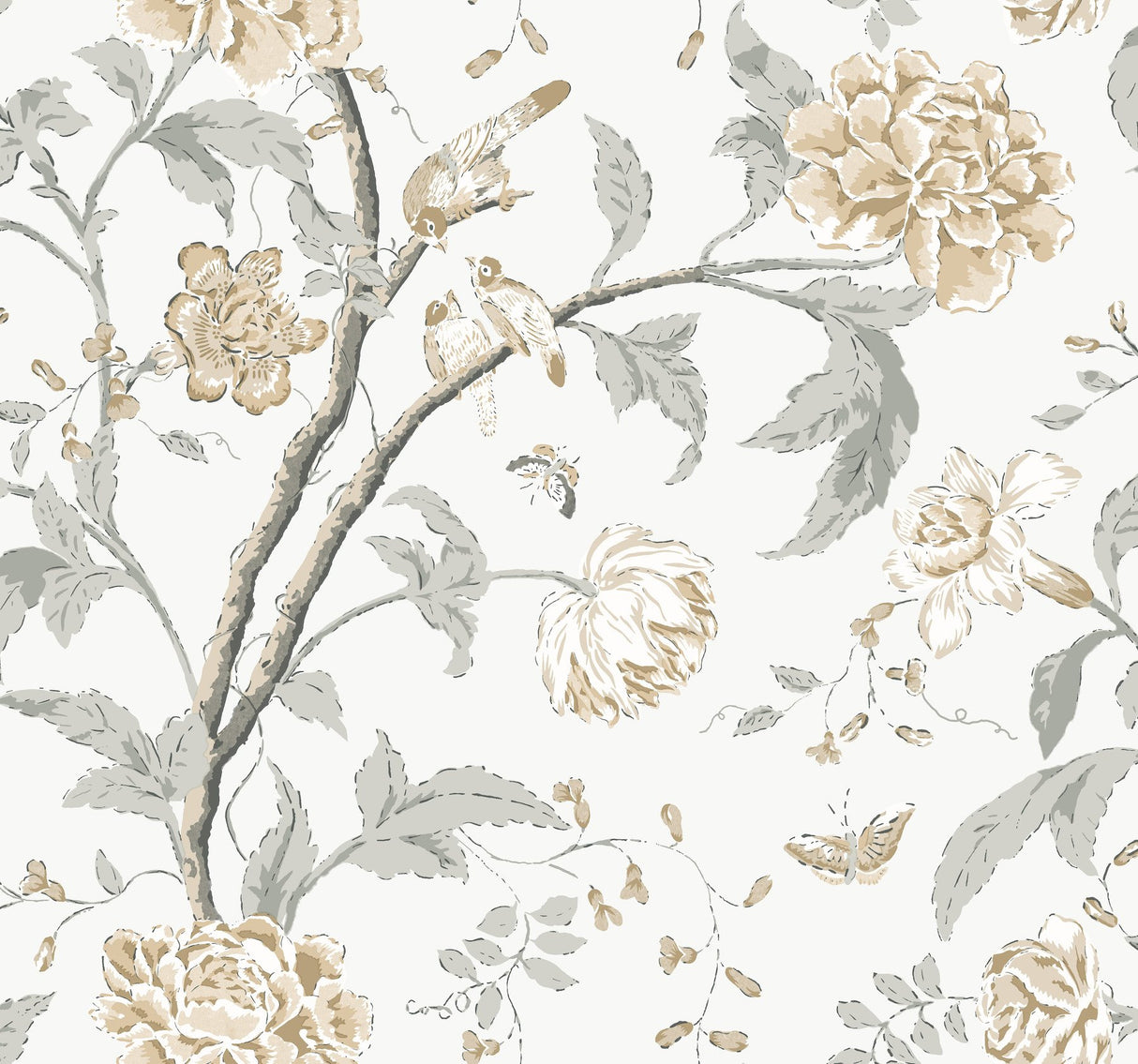 Teahouse Floral Neutral Wallpaper with Birds and Butterflies - York BL1783