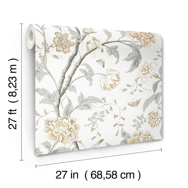 Teahouse Floral Neutral Wallpaper with Birds and Butterflies - York BL1783