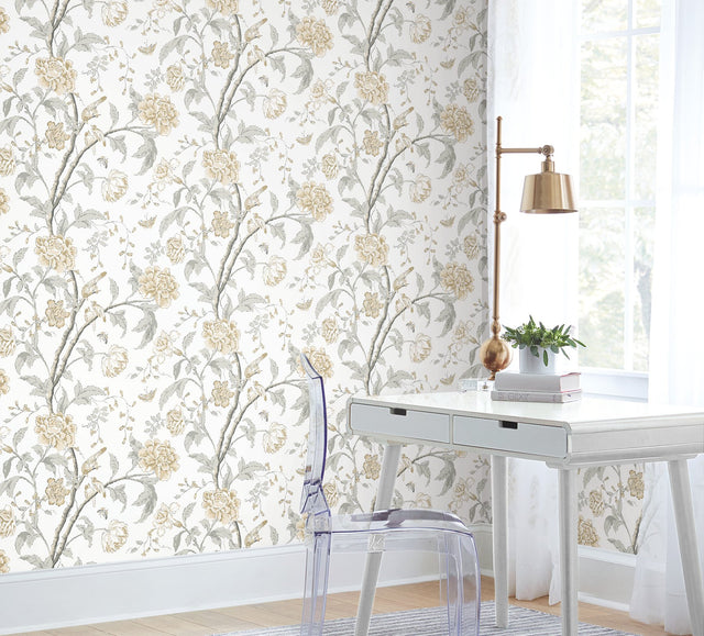 Teahouse Floral Neutral Wallpaper with Birds and Butterflies - York BL1783