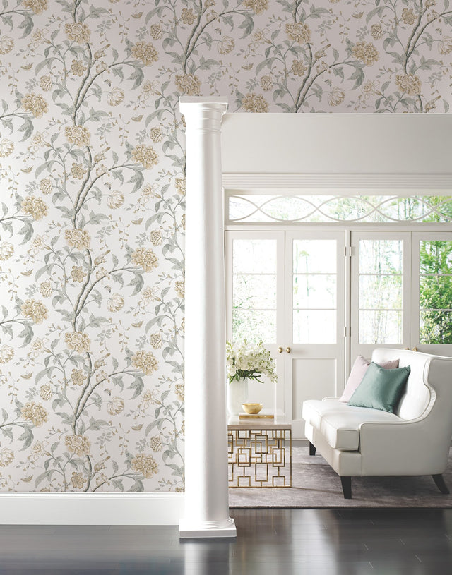 Teahouse Floral Neutral Wallpaper with Birds and Butterflies - York BL1783