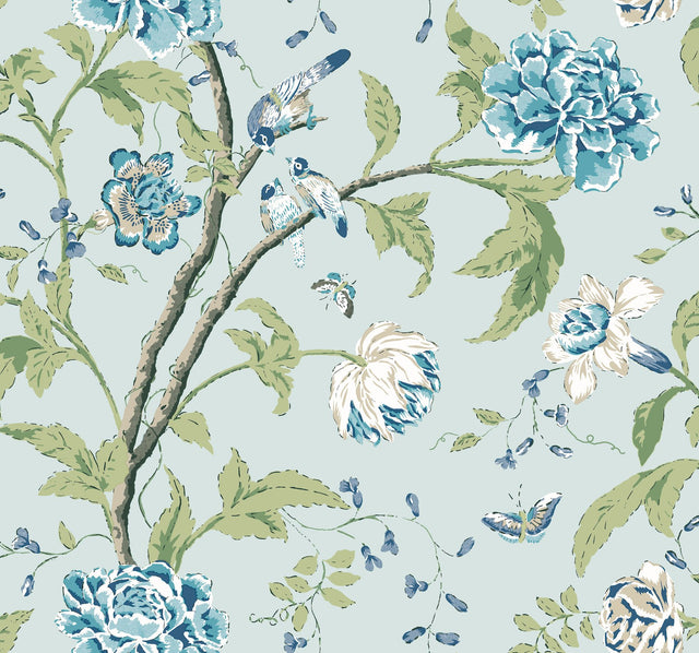 Teahouse Floral Light Blue Wallpaper with Birds and Butterflies - York BL1784