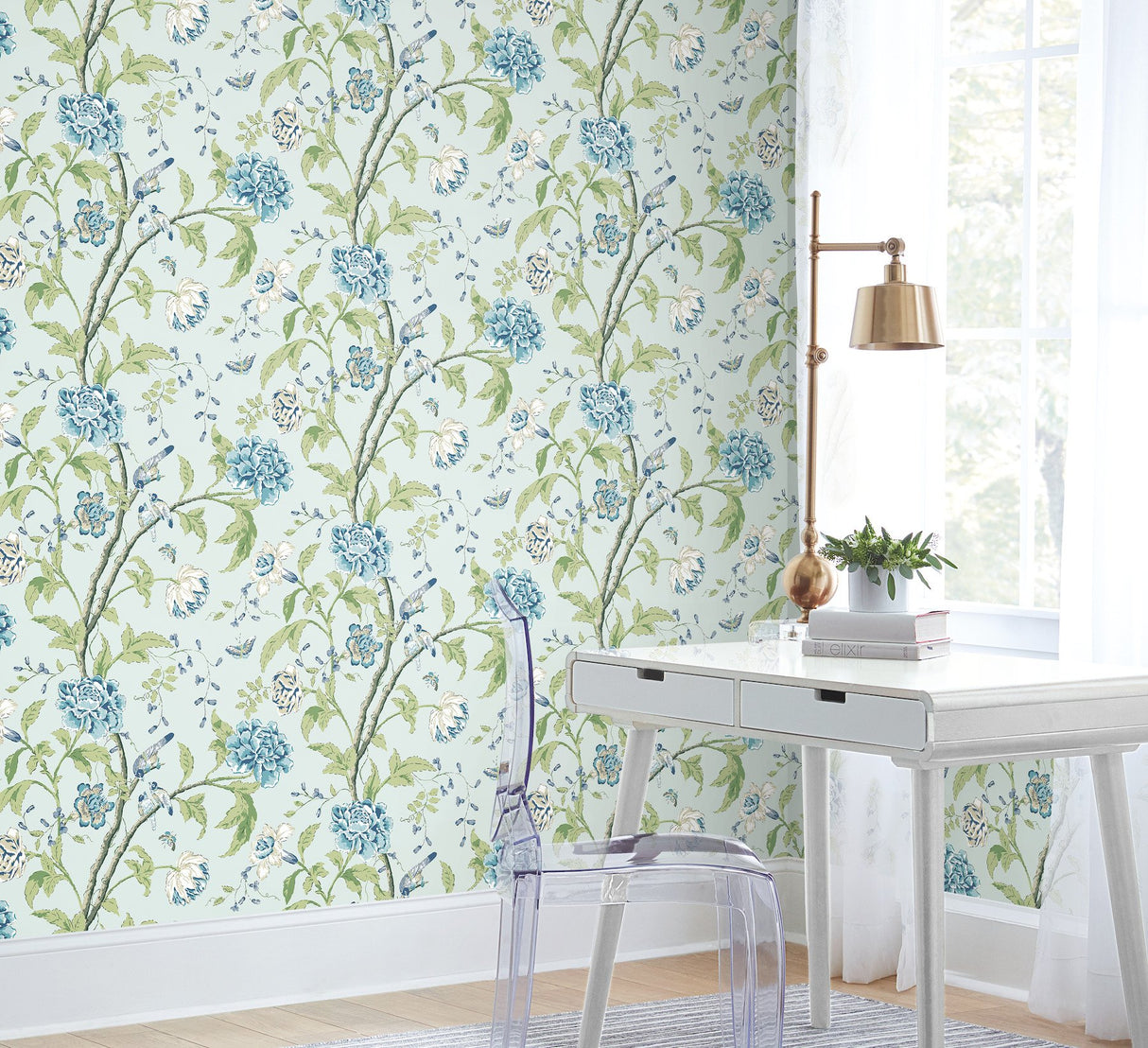 Teahouse Floral Light Blue Wallpaper with Birds and Butterflies - York BL1784