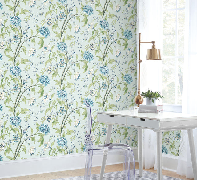 Teahouse Floral Light Blue Wallpaper with Birds and Butterflies - York BL1784