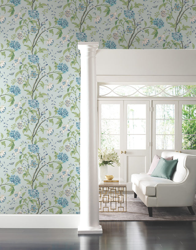 Teahouse Floral Light Blue Wallpaper with Birds and Butterflies - York BL1784