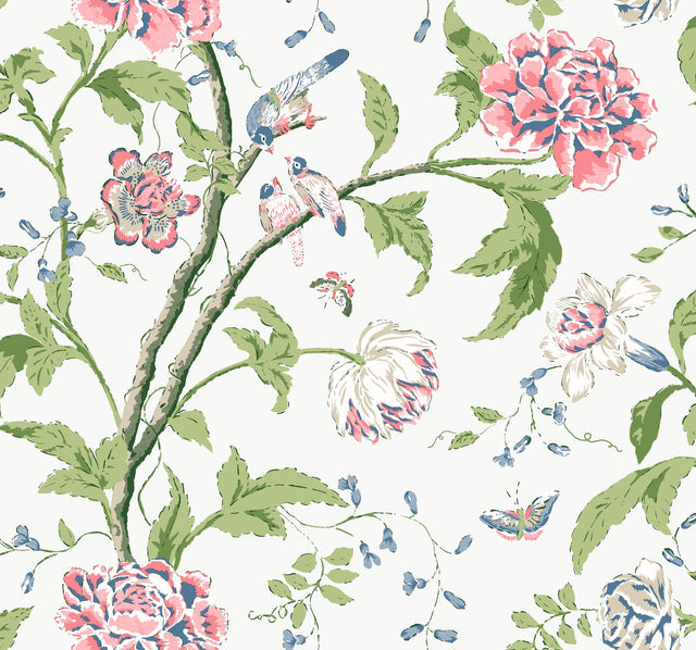 Teahouse Floral White & Blush Wallpaper with Birds and Butterflies Motif - York BL1785