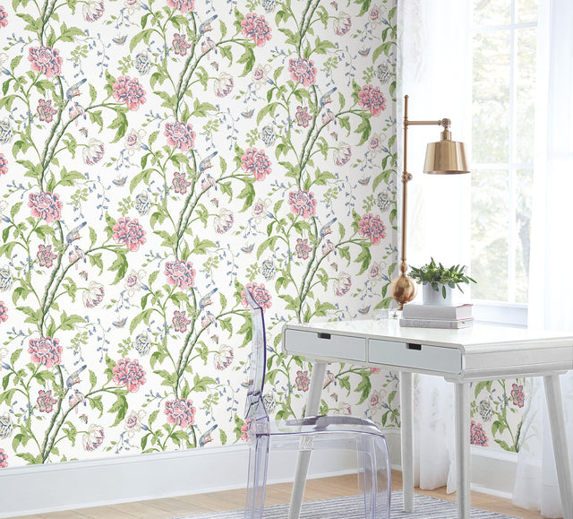 Teahouse Floral White & Blush Wallpaper with Birds and Butterflies Motif - York BL1785