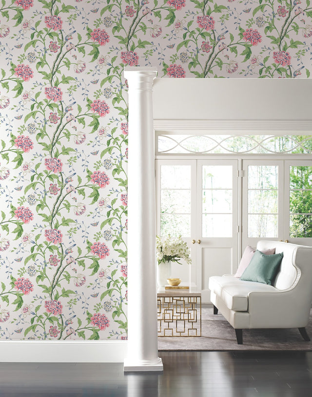 Teahouse Floral White & Blush Wallpaper with Birds and Butterflies Motif - York BL1785