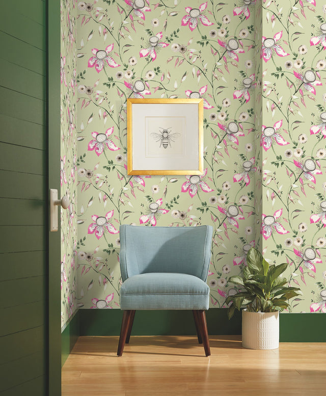 Dream Blossom Light Green Floral Non Woven Wallpaper - York BL1791