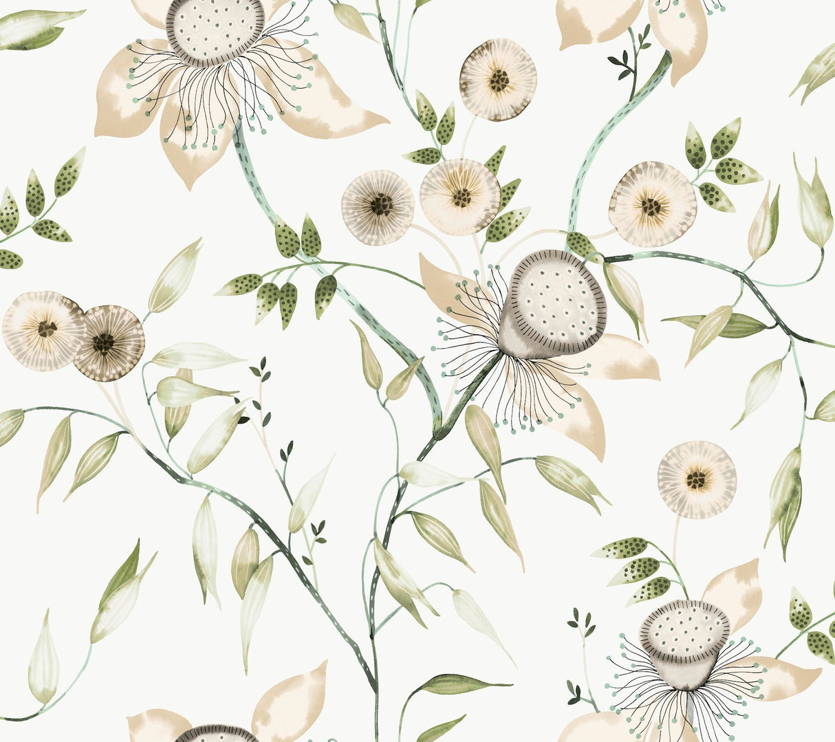 Dream Blossom White & Green Wallpaper with Chinoiserie Floral Motif - York BL1793