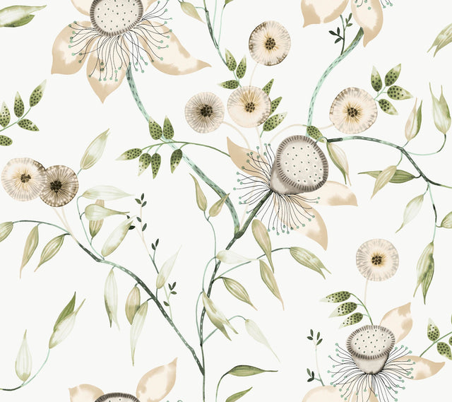 Dream Blossom White & Green Wallpaper with Chinoiserie Floral Motif - York BL1793