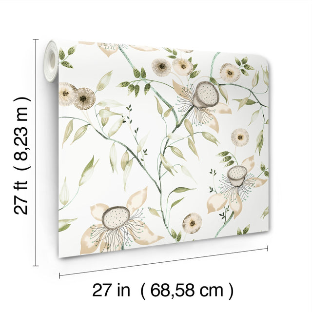 Dream Blossom White & Green Wallpaper with Chinoiserie Floral Motif - York BL1793