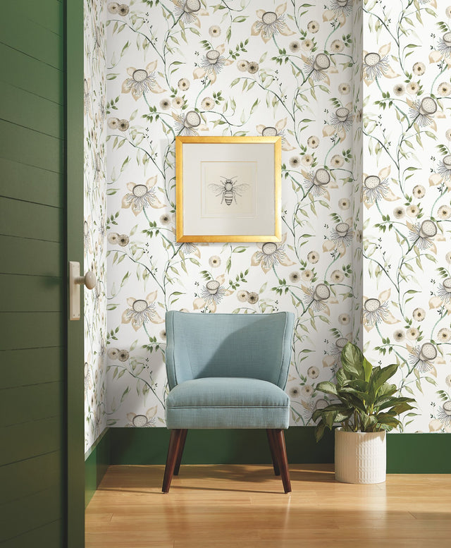 Dream Blossom White & Green Wallpaper with Chinoiserie Floral Motif - York BL1793