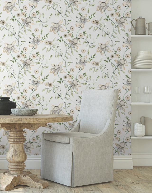 Dream Blossom White & Green Wallpaper with Chinoiserie Floral Motif - York BL1793