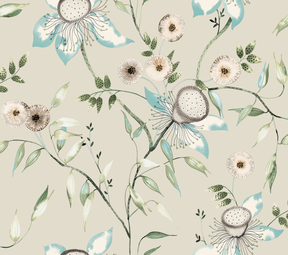 Dream Blossom Taupe & Aqua Floral Non Woven Wallpaper - York BL1794