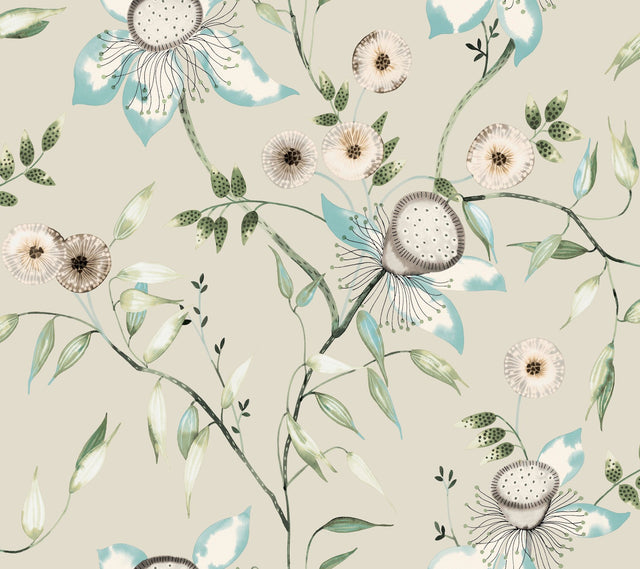 Dream Blossom Taupe & Aqua Floral Non Woven Wallpaper - York BL1794