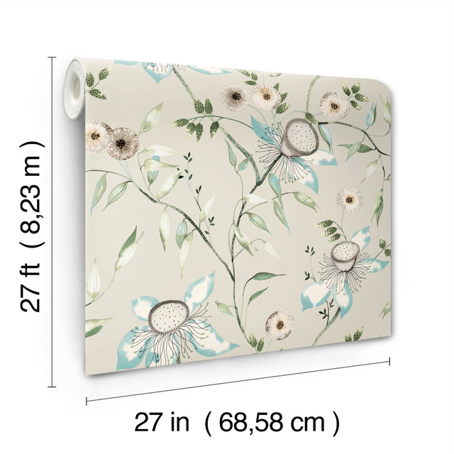 Dream Blossom Taupe & Aqua Floral Non Woven Wallpaper - York BL1794