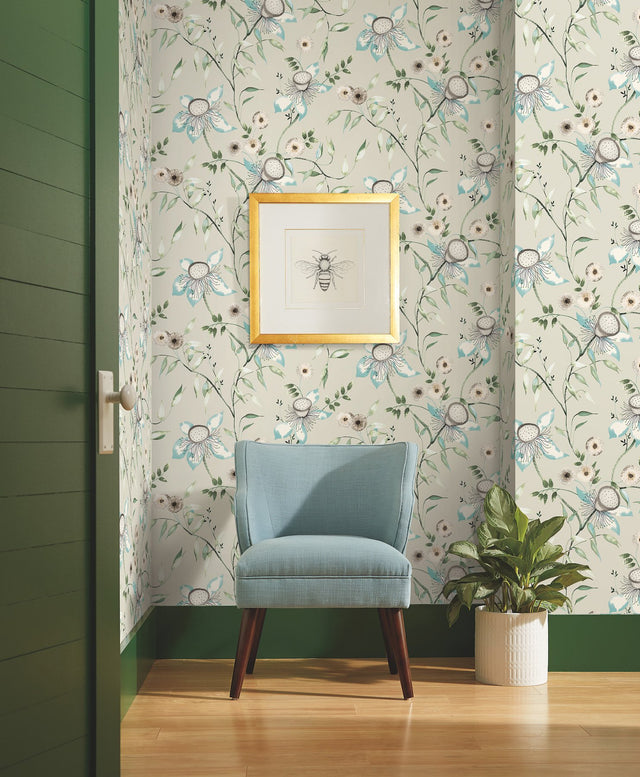Dream Blossom Taupe & Aqua Floral Non Woven Wallpaper - York BL1794