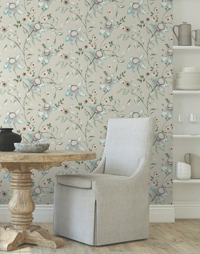 Dream Blossom Taupe & Aqua Floral Non Woven Wallpaper - York BL1794