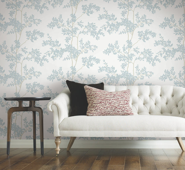 Lunaria Silhouette White & Cloud Blue Botanical Non Woven Wallpaper - York BL1802