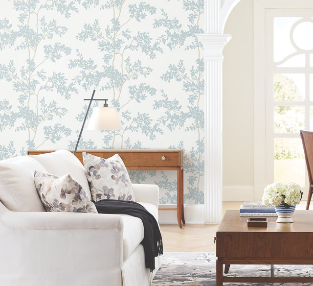 Lunaria Silhouette White & Cloud Blue Botanical Non Woven Wallpaper - York BL1802