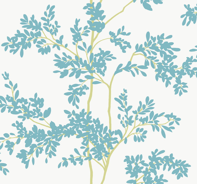 Lunaria Silhouette White & Aqua Wallpaper with Botanical Vine Motif - York BL1803