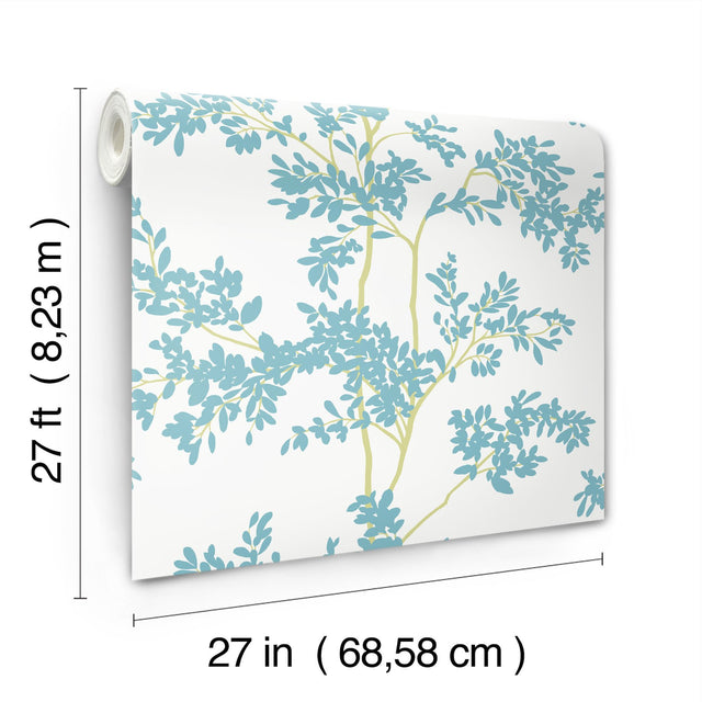 Lunaria Silhouette White & Aqua Wallpaper with Botanical Vine Motif - York BL1803