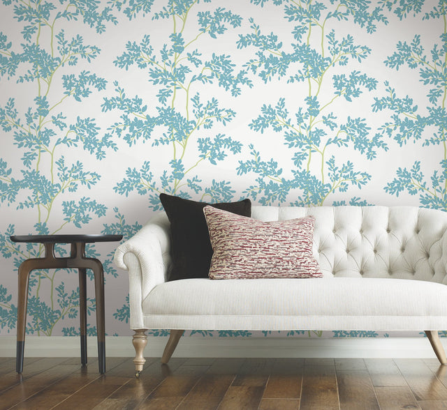 Lunaria Silhouette White & Aqua Wallpaper with Botanical Vine Motif - York BL1803