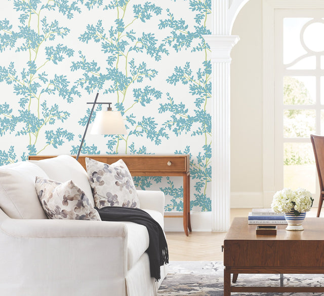 Lunaria Silhouette White & Aqua Wallpaper with Botanical Vine Motif - York BL1803