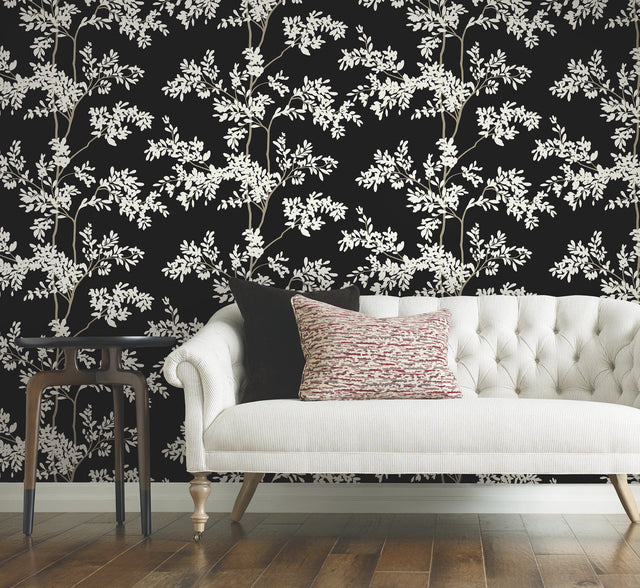 Lunaria Silhouette Black & White Wallpaper with Botanical Non Woven Drop Match - York BL1804