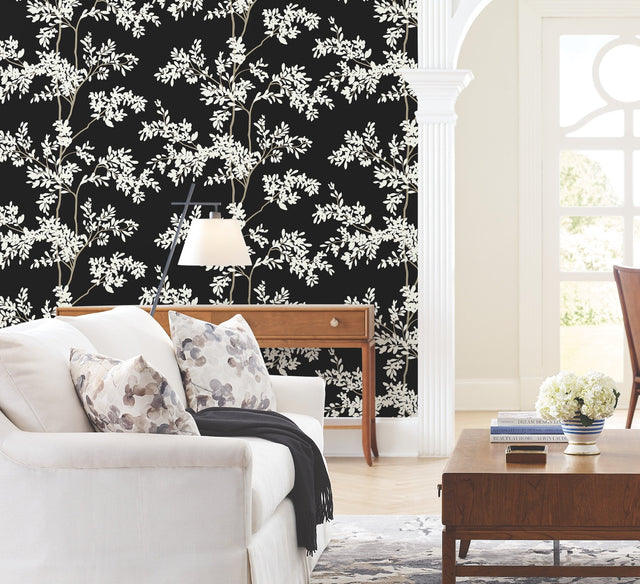 Lunaria Silhouette Black & White Wallpaper with Botanical Non Woven Drop Match - York BL1804