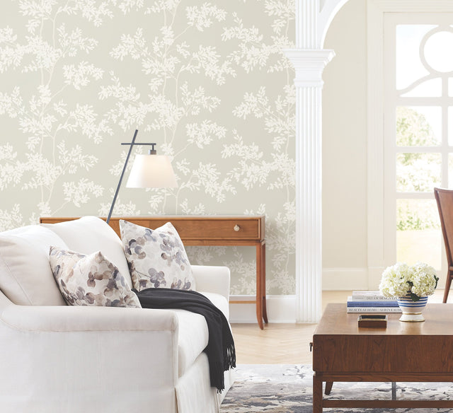 Lunaria Silhouette Light Taupe & White Botanical Wallpaper - York BL1805